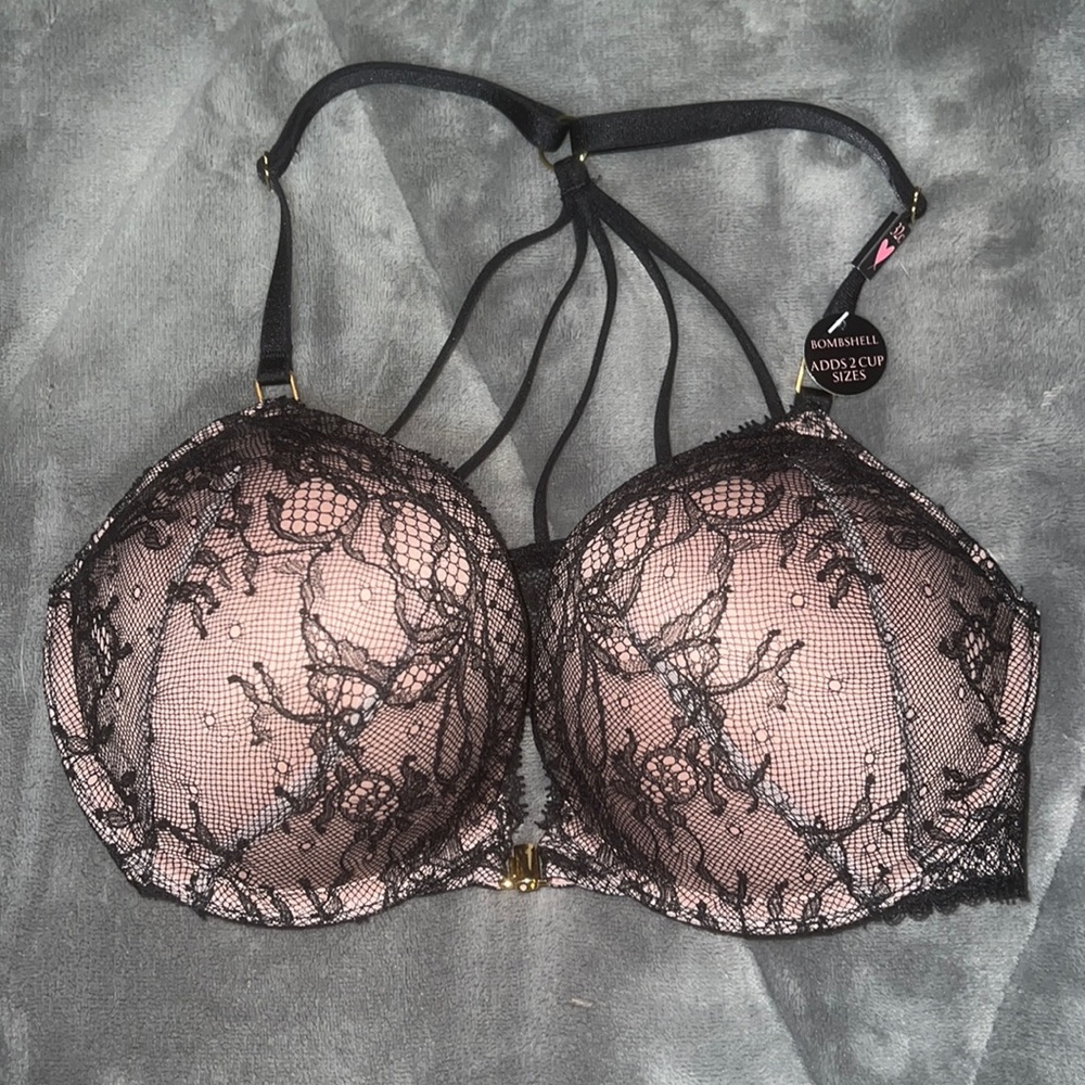 NEW VS Victoria’s Secret 32C lace Bombshell bra Adds 2 cup sizes Black lace NWT